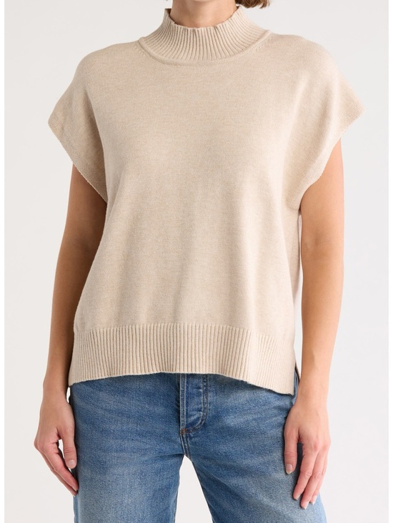 Max Studio Sweaters - Max Studio Beige Mock Neck Sweater Vest Cap Sleeve Knit Top Quiet Luxury